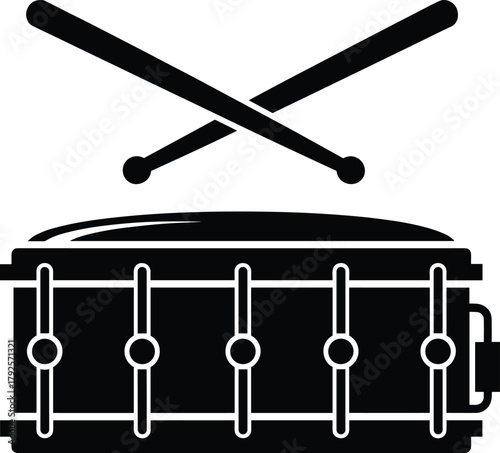 Black and white snare drum vector illustration with crossed drumsticks, perfect for music logo, percussion instrument, and creative artwork design
