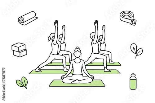 Group of people practicing yoga poses on mats using various fitness accessories and equipment