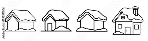 snow covered house line art icon set. Christmas outline Vector illustration icons.