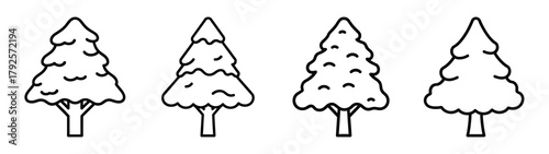snow covered tree line art icon set. Christmas outline Vector illustration icons.