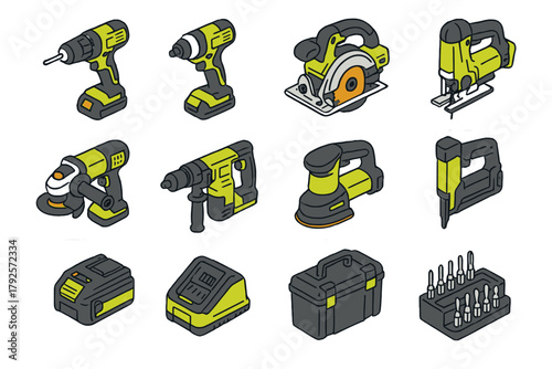 Isometric collection of essential cordless power tools for construction, home repair, and DIY projects