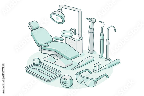Isometric professional dental equipment set with chair, examination tools, and hygiene supplies
