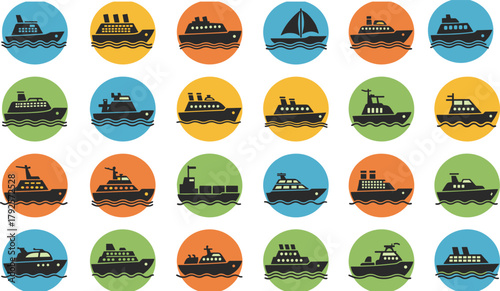 Circular icon set of boats and ships with stylized waves and colorful backgrounds for marine transportation and editorial vector content