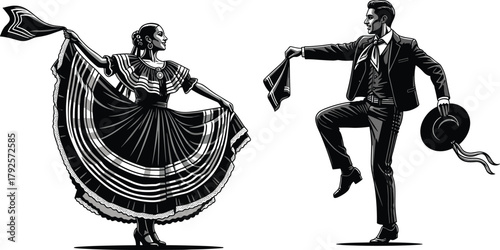 Mexican folk dance illustration, traditional costume silhouette, Baile Folklórico art, charro and dancer pose, cultural celebration, heritage design