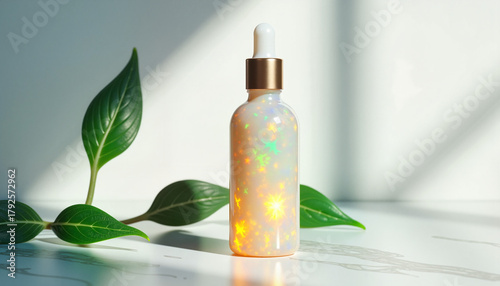 Natural beauty product on marble surface for skincare concept. Natural beauty product shown near green leaves and minimalist marble background creates luxury feel.