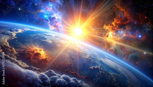 Cosmic sunrise over Earth, clouds swirling beneath, vibrant nebula and starbursts above