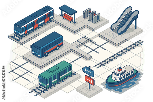 Isometric public transportation hub featuring train, bus, tram, ferry, and station infrastructure