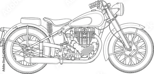 Vintage motorcycle line drawing, classic bike illustration, mechanical parts sketch, black and white art, retro transport, engine detail design