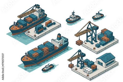 Isometric cargo ships, port cranes, tugboats, and shipping containers for logistics