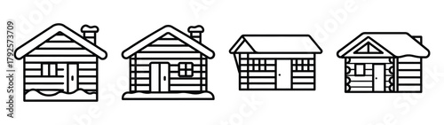 snowy cabin line art icon set. Christmas outline Vector illustration icons.