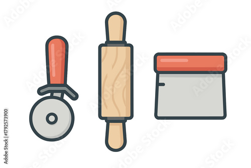 Wooden rolling pin, pizza cutter, and dough scraper for baking and pastry preparation