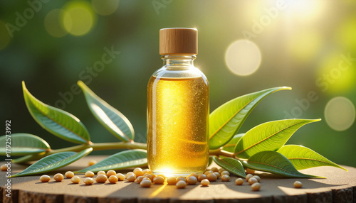 Soy oil bottle with green leaves and soybeans. Pure soy oil for a natural lifestyle. Showing natural soy oil, this shot evokes health, wellness, and plant based nourishment,