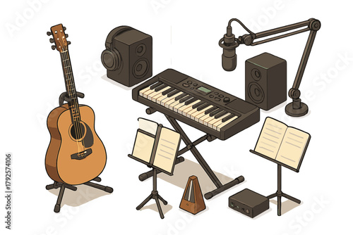 Isometric collection of musical instruments and studio recording equipment including guitar and microphone