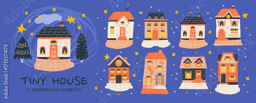 Starry night with vintage small houses and doodle trees on cozy street.