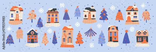 Winter fairy tale scene with tiny Christmas house in a snowy village.