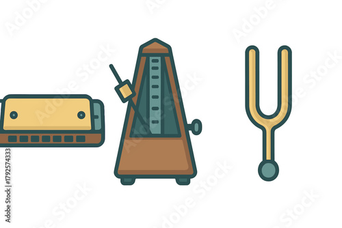 Classic musical instruments and tools set featuring harmonica metronome and tuning fork