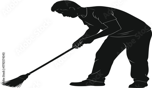 Cleaning activity icon set, silhouette person sweeping floor with broom, black and white illustration, hygiene, sanitation, chore, maintenance, vector grid