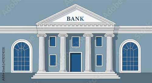 Classical bank building facade with columns, pediment, arched windows, and central entrance, vector illustration for finance and architecture concept