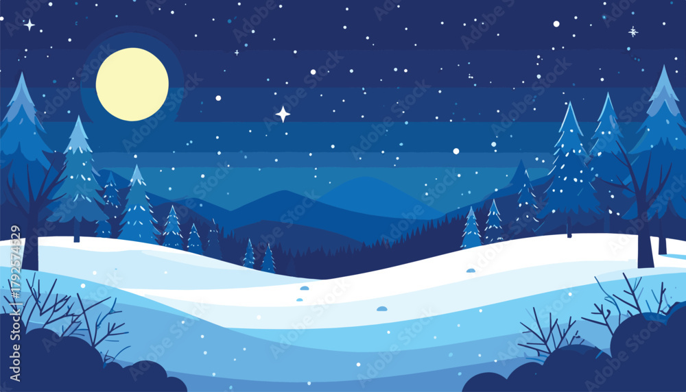 Fototapeta premium Winter Night Mountain Landscape Vector 