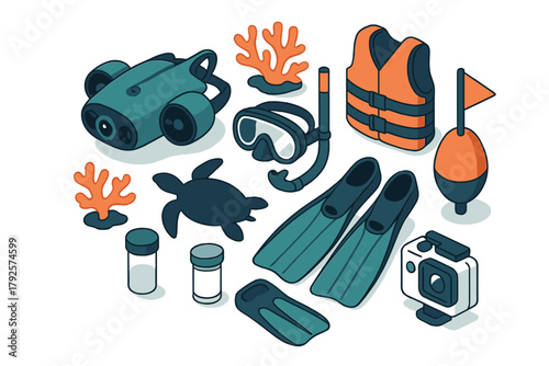 Isometric set of scuba diving gear, underwater drone, action camera, and marine life
