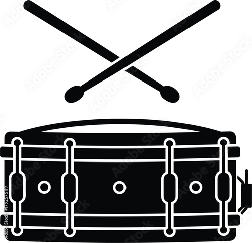 Black and white snare drum vector illustration with crossed drumsticks, perfect for music logo, percussion instrument, and creative graphic design