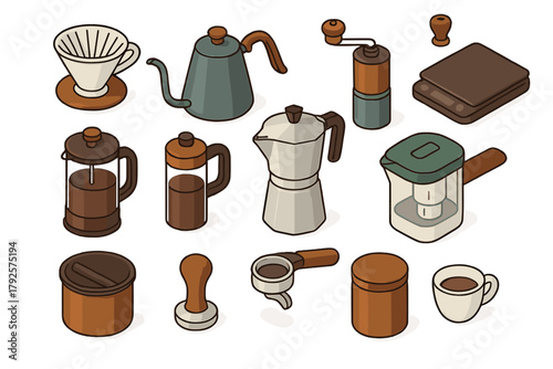 Isometric set of professional coffee brewing equipment and accessories for home use