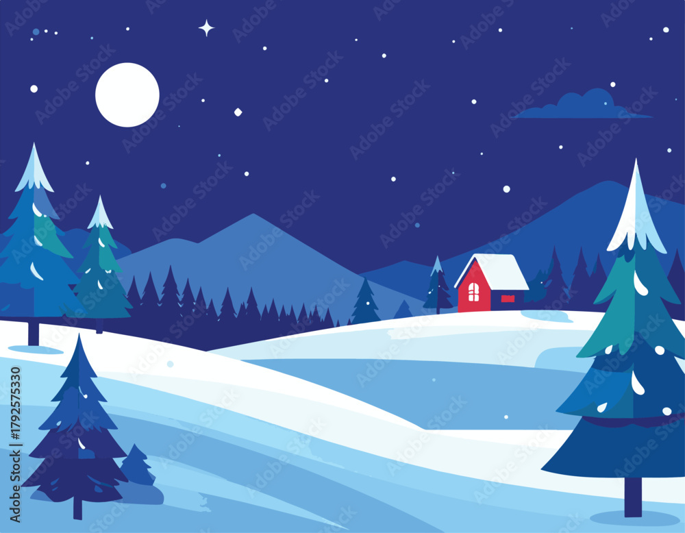 Naklejka premium Winter Night Mountain Landscape Vector 