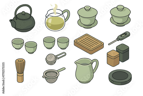 Isometric collection of tea preparation tools and serving ware for beverage rituals