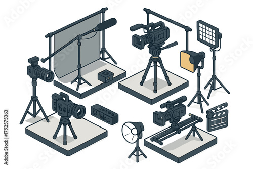 Isometric set of professional video and movie production equipment including cameras, lighting, and sound gear