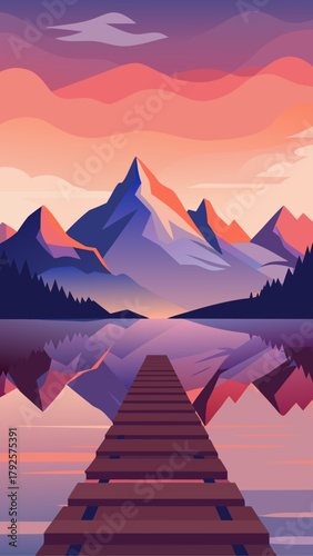 Illustration of mountains and lake with wooden pier