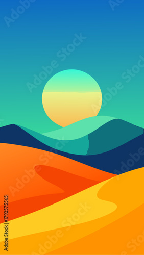 Illustration of a desert landscape with a rising sun