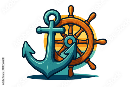 Stylized marine composition featuring a large anchor and traditional wooden ship helm on a striped background