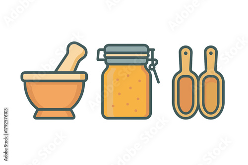 Mortar and pestle with jar of honey and wooden scoops for natural ingredients preparation