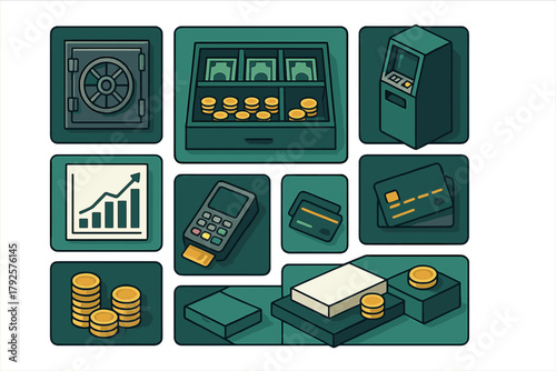 Essential financial icons for banking security, payment methods, and business growth