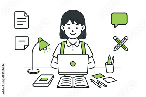 Focused student working on a computer surrounded by educational and creative tools on a clean desk