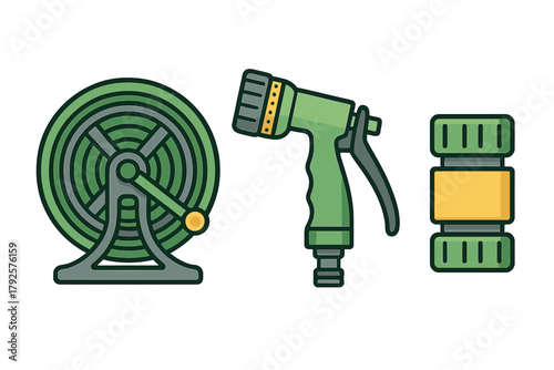 Essential gardening equipment set including hose reel, adjustable spray nozzle, and quick connector