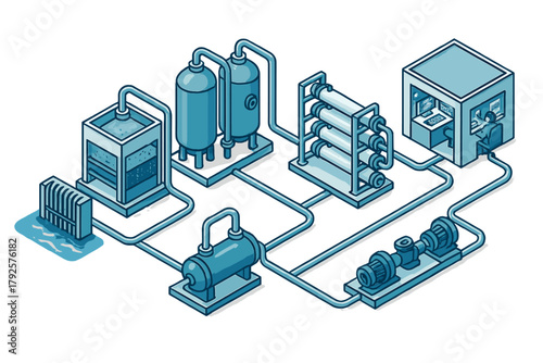 Industrial water purification system diagram showing filtration, storage tanks, and control panel