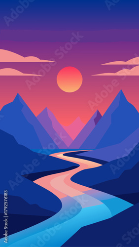 Illustration of a river flowing through mountain range