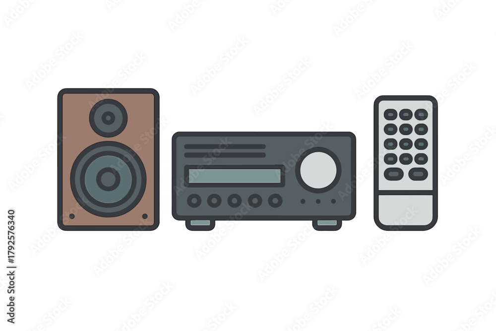 Fototapeta premium Home stereo system components including a speaker, audio receiver, and remote control