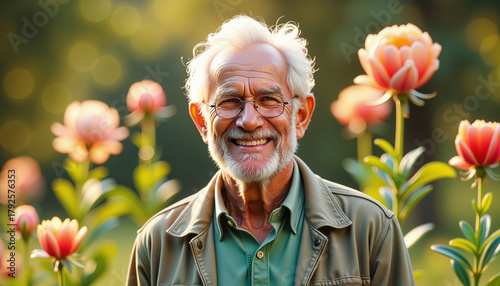 Happy senior man amid beautiful blooms, happy senior man smiling in sunlit garden. This happy senior man enjoys serene moment surrounded by flowers, wearing glasses, and feeling contentment.