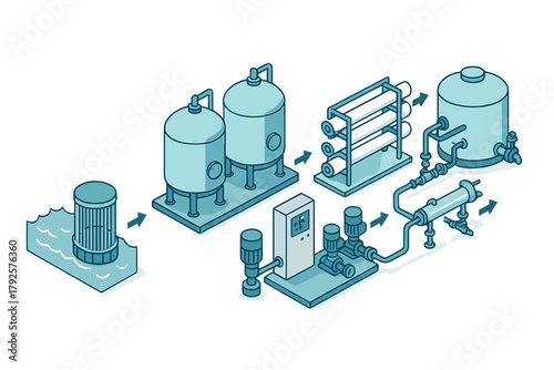 Industrial water treatment system schematic showing purification and filtration stages