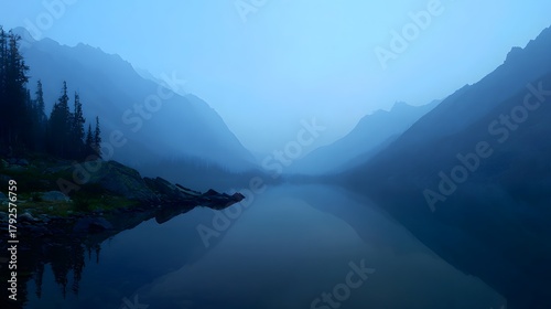 A tranquil lake reflecting misty mountains and trees under a blue hued sky in a serene landscape