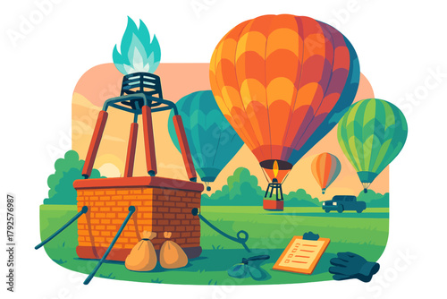 Hot air balloon flight preparation with burner, basket, and sandbags on a grassy field