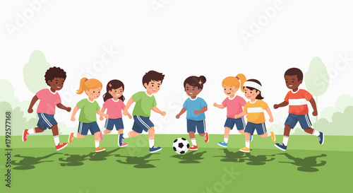 Diverse group of happy children actively playing soccer together on a sunny day, celebrating teamwork and outdoor fun.