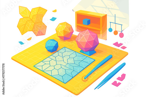 Abstract geometric polyhedrons and papercraft elements displayed on a workspace cutting mat