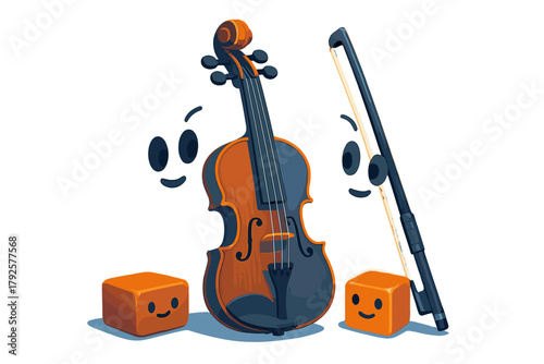 Violin and bow surrounded by happy floating faces and smiling orange cubes