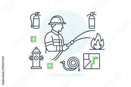 Firefighter using a hose to fight a blaze surrounded by fire safety and emergency equipment icons