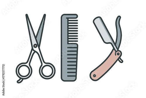 Professional hairdressing and barber tools set including scissors comb and straight razor