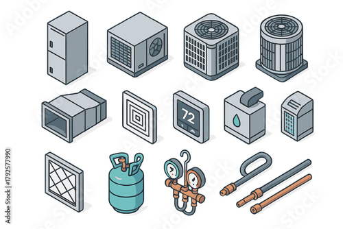 Isometric collection of HVAC systems, components, and professional maintenance tools