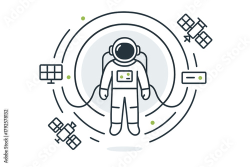 Astronaut floating in space near orbiting satellites and technology icons representing global communication and future exploration